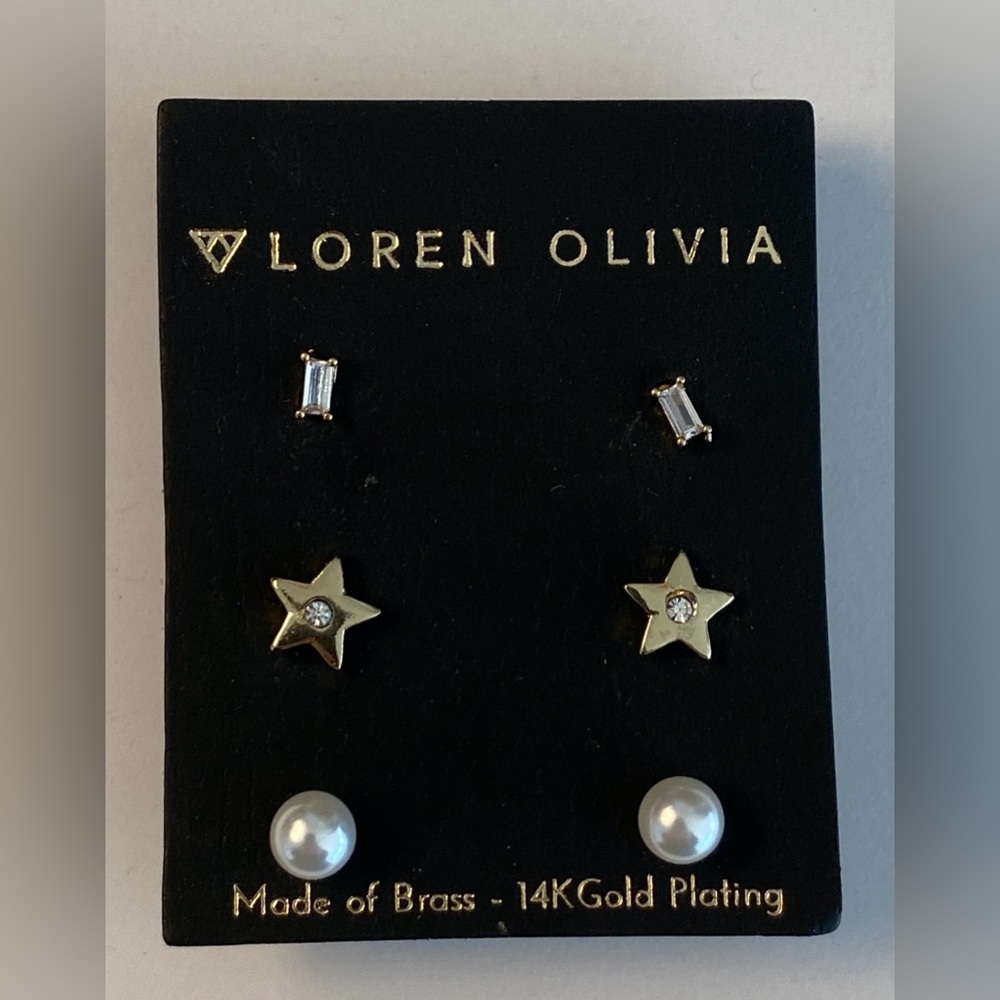 Loren Olivia Set of 3 Earrings Studs - Brass 14k Gold Plating, NWT